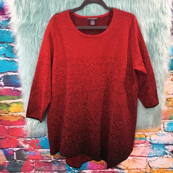 Chelsea and Theodore Red and Black Sparkly Long Half Sleeve Top Size 2X - Picture 4 of 7